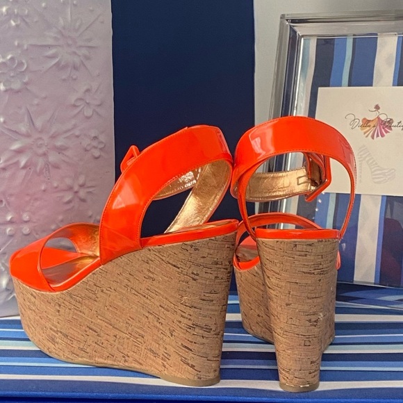Neon orange cork BCBGENERATION platform wedge heel ankle strap sandals sz 10 - Picture 5 of 15